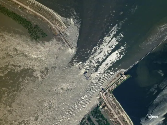 A satellite image of the Kakhovka dam after the breach, taken on 6 June