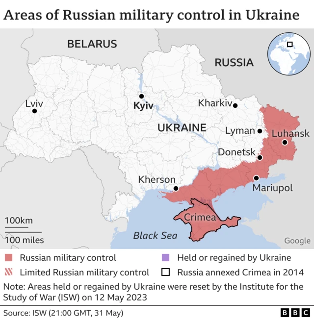 Map showing areas of Ukraine under Russian military control