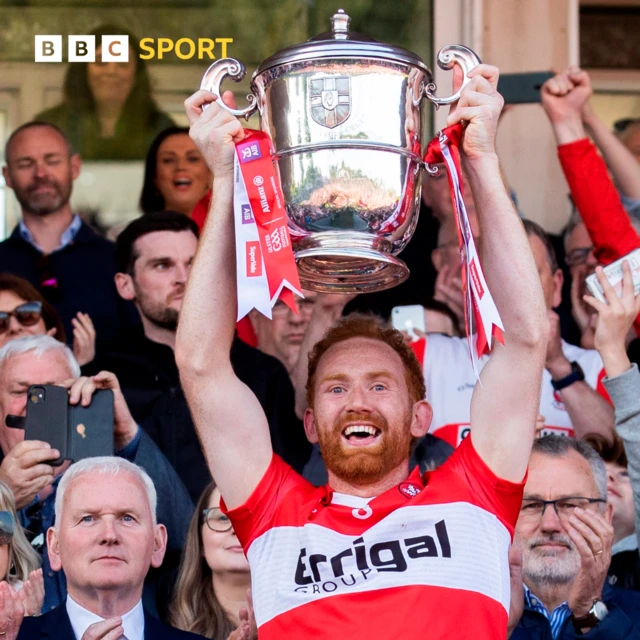 Derry captain Conor Glass lifts the Anglo-Celt trophy