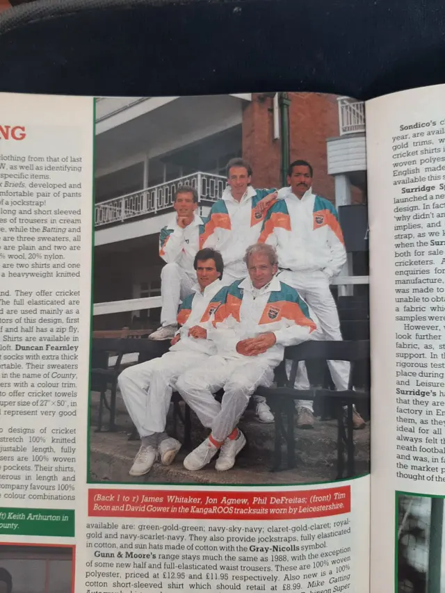 Image of the Cricketer magazine with James Whittaker, Jonathan Agnew, Phil Defeitas, Tim Boon and David Gower modelling tracksuits