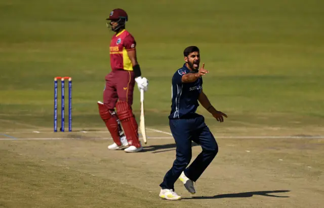 Safyaan Sharif of Scotland appealing for a wicket against West Indies