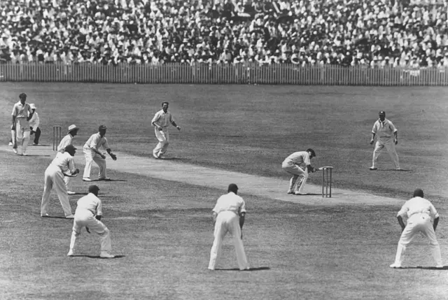 W M Woodfull of Australia ducks to avoid a rising ball from Harold Larwood of England during the Fourth Test match at Brisbane on the infamous 'Bodyline' Tour of Australia