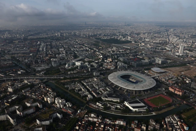 An aerial view shows the Stade de France stadium