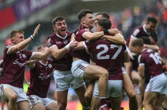 Galway celebrate after winning on penalties in the 2022 All-Ireland Senior Championship Quarter Final