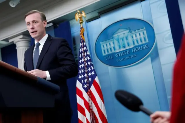 US national security adviser Jake Sullivan at the dais in the White House's Briefing Room