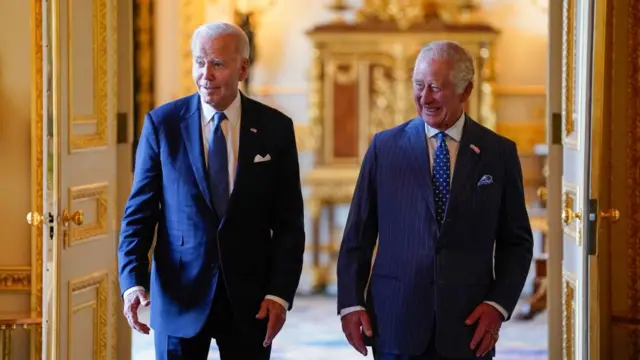 King Charles III and US President Joe Biden arrive to meet participants of the Climate Finance Mobilisation forum