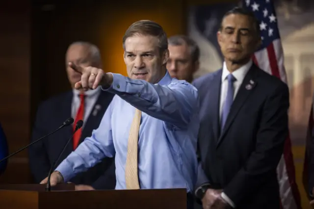 US Republican congressman from Ohio, Jim Jordan (C), along with members of the Judiciary Committee and Select Subcommittee on the Weaponization of the Federal Government, takes a question during a press conference on 18 May 2023