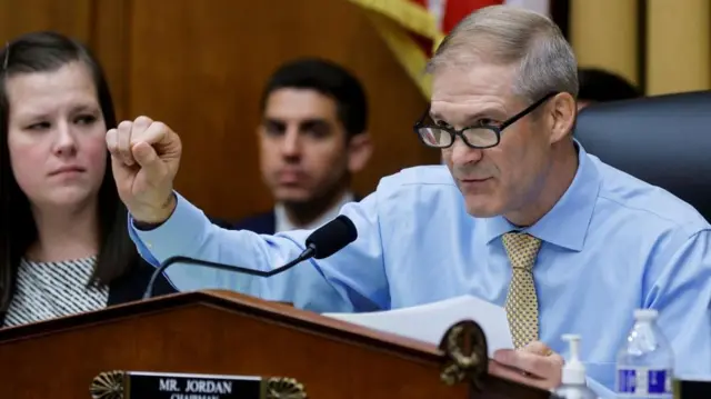 House Judiciary Committee Chair Jim Jordan (R-OH) speaks as FBI Director Christopher Wray (NOT shown) testifies before a House Judiciary Committee hearing on "oversight of the Federal Bureau of Investigation" and alleged politicization of law enforcement, on Capitol Hill in Washington, U.S., July 12 12, 2023.