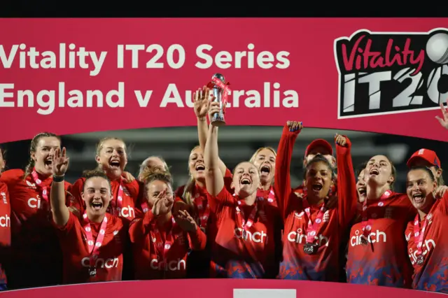 England celebrating their T20 series win over Australia in the Women's Ashes