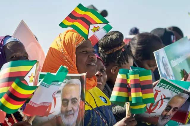 Crowds welcoming Iran's President Ebrahim Raisi in Harare, Zimbabwe - 13 July 2023