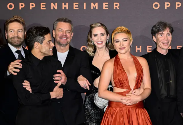 Kenneth Branagh, Rami Malek, Matt Damon, Emily Blunt, Florence Pugh and Cillian Murphy attend the "Oppenheimer" UK Premiere at Odeon Luxe Leicester Square on July 13, 2023 in London, England.