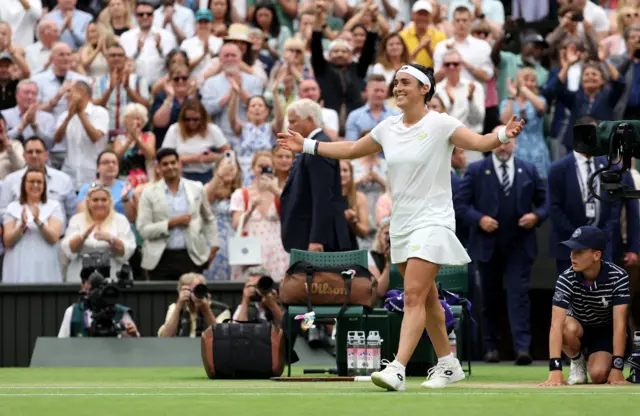 Ons Jabeur of Tunisia celebrates victory against Aryna Sabalenka following the Women's Singles Semi Finals on day eleven of The Championships Wimbledon 2023