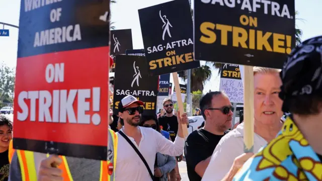 Actors gather on the picket like outside of Netflix offices in Los Angeles