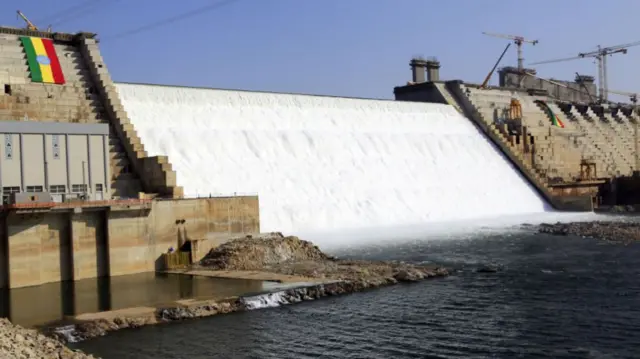 A view of Grand Ethiopian Renaissance Dam, a massive hydropower plant on the River Nile that neighbors Sudan and Egypt, as the dam started to produce electricity generation in Benishangul-Gumuz, Ethiopia on February 19, 2022