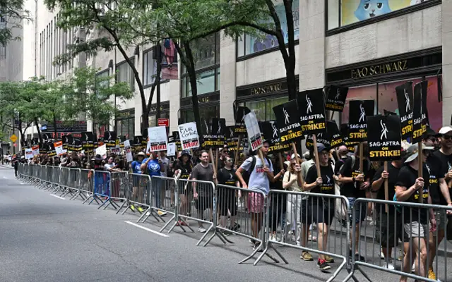 A picket line outside NBC Universal in New York City