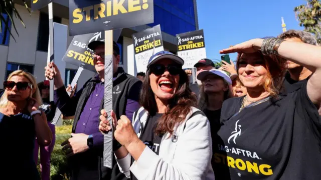 SAG-AFTRA union President Fran Drescher and Duncan Crabtree-Ireland, SAG-AFTRA National Executive Director and Chief Negotiator, demonstrate as SAG-AFTRA actors join the Writers Guild of America (WGA) in a strike against the Hollywood studios