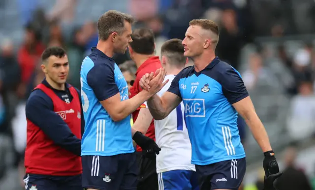 Dublin’s Dean Rock celebrates a hard-earned victory with team-mate Ciaran Kilkenny.