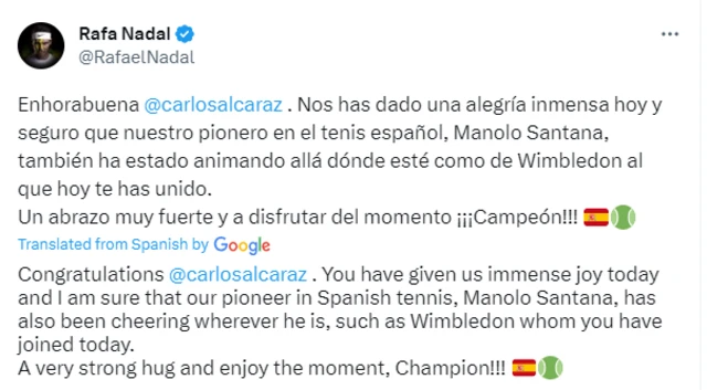 Rafael Nadal tweets to congratulate Carlos Alcaraz