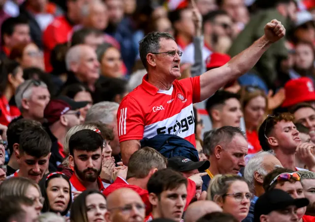 A Derry supporter celebrates during the game