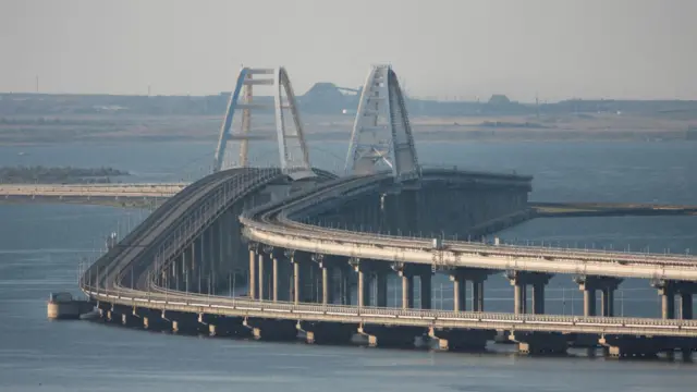 A view shows the Crimean bridge connecting the Russian mainland with the peninsula across the Kerch Strait, Crimea, July 17, 2023.