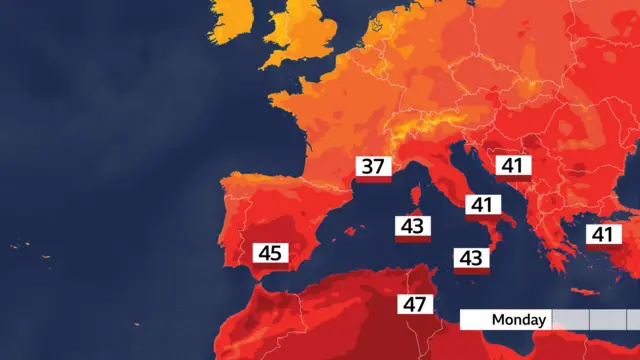 A weather map of Europe showing the hottest areas