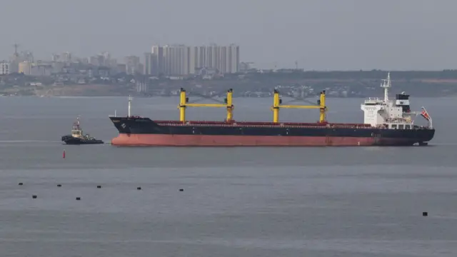 Barbados-flagged bulk carrier Super Martinelli arrives at the sea port of Odesa in May 2023