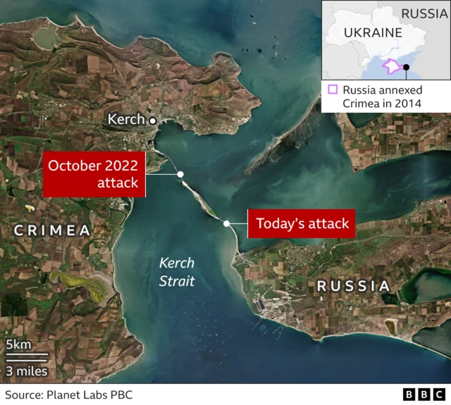 Satellite map showing the Kerch bridge, with points marking the October 2022 attack and this morning's attack.