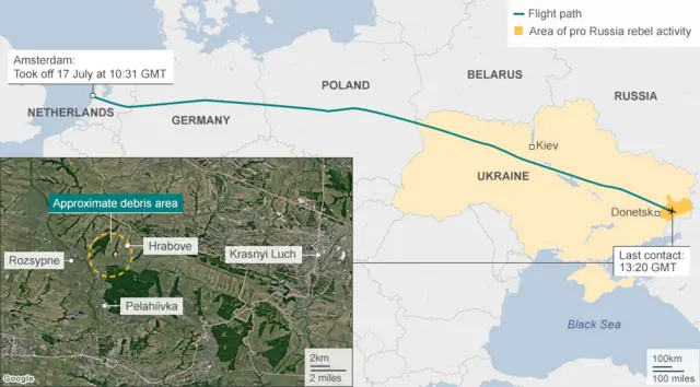 A map showing the MH17 flight path