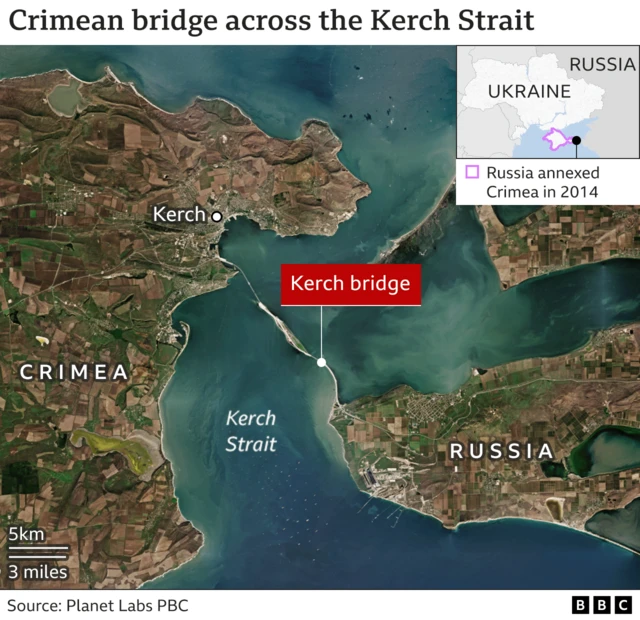 Satellite map showing Kerch bridge connecting mainland Russia with occupied Crimea