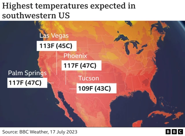 Map showing US temps