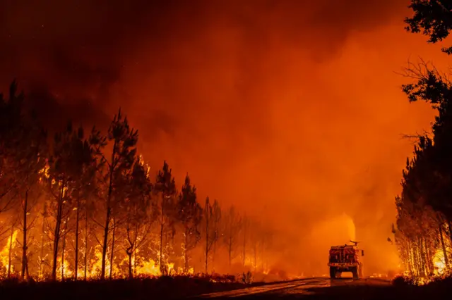 A fire engine with burning trees on both sides