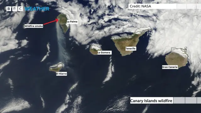 Weather map showing clouds and wind over the Canary islands. There is also visible patch of wildfire smoke on the nearby island of La Palma