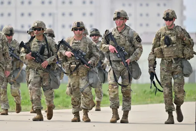 US soldiers take part in an air assault during the Best Squad Competition, conducted by the US 2nd Infantry Division and the ROK-US Combined Division at the US Army's Camp Humphreys in Pyeongtaek on May 4, 2023.