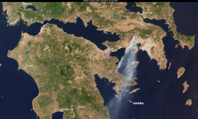 EU satellite imagery showing wildfire north of Athens