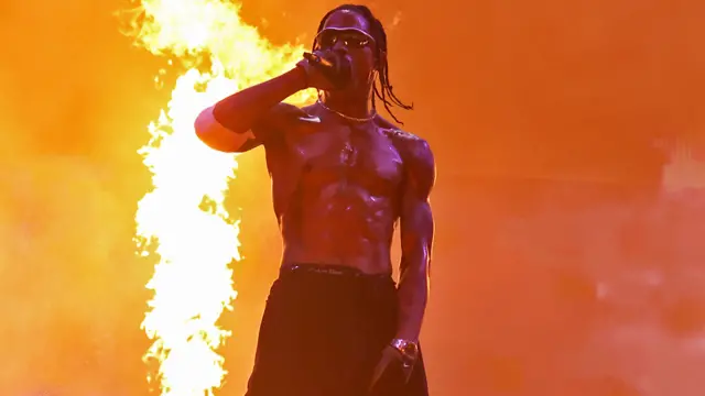 Travis Scott performs live on the main stage during day two of Wireless Festival 2023 at Finsbury Park in London, England - July 2023