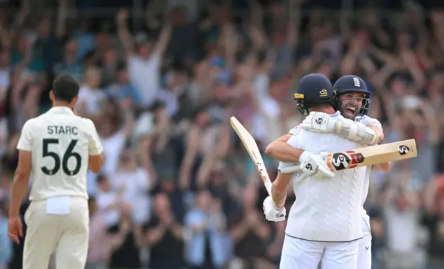 Mark Wood and Chris Woakes celebrate hitting the winning runs in the third Ashes Test