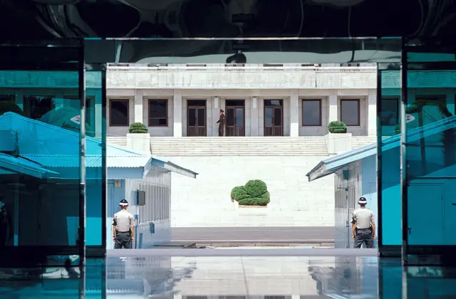 View of the DMZ from inside the South Korean Visitor's Center