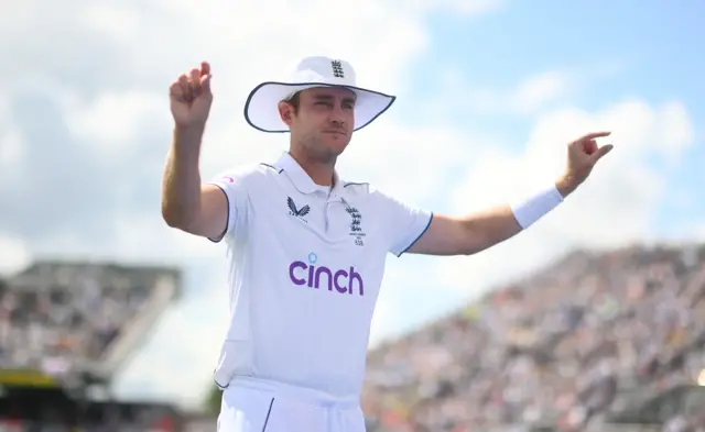 England bowler Stuart Broad speaks to the Old Trafford crowd