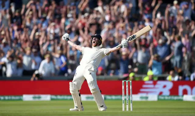 Ben Stokes celebrating after hitting the winning runs against Australia at Headingley in 2019