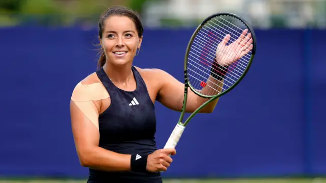 Jodie Burrage applauds the crowd at Eastbourne