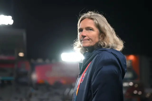 Hege Riise waits for kick off in Norway's opening game.