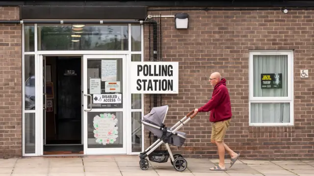 A man walks past a polling station sign outside Selby Community Centre in Selby North Yorkshire