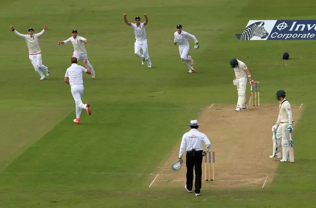 Stuart Broad taking the wicket of Steve Smith at Trent Bridge in 2015