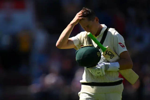 Marnus Labuschagne looking dejected after being dismissed one day one