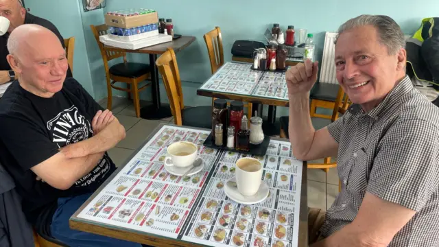 Barry and Colin in an Uxbridge cafe