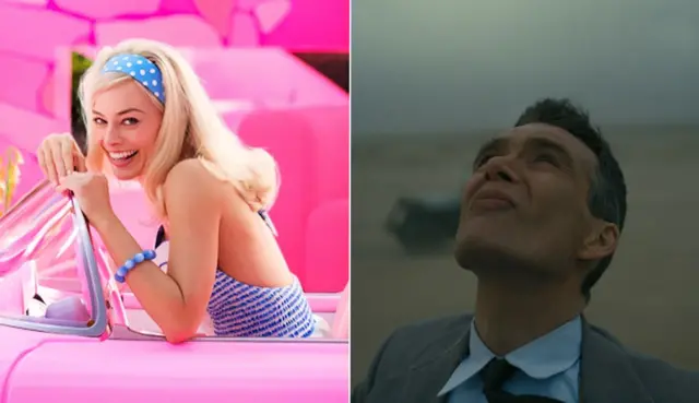 A split image from the Barbie move and Oppenheimer