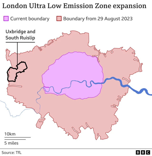 A BBC map shows the current extent of London's Ultra Low Emissions Zone (Ulez), and the (wider) proposed boundary from 29 August 2023