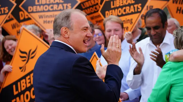 Liberal Democrats leader Sir Ed Davey celebrates after a by-election win