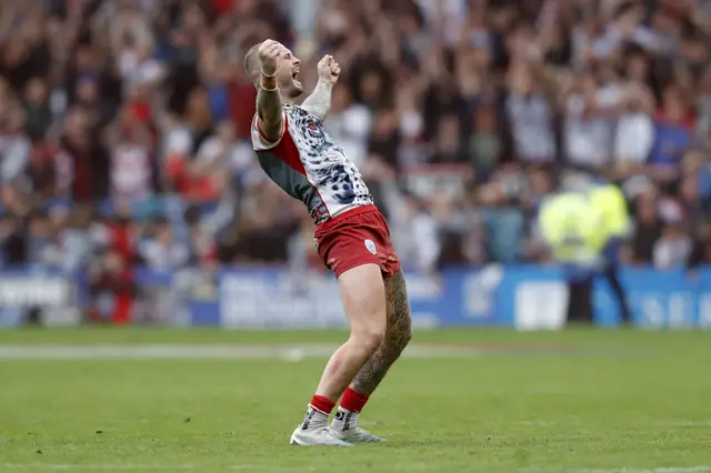 Zak Hardaker celebrates Leigh's win over St Helens