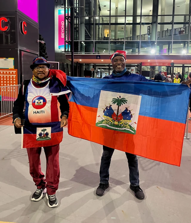 Smith Georges (L) and Wiskens Michaud (R) have travelled from USA to support Haiti.